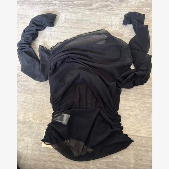 Black Mesh Ruched Asymmetrical Slim Fitted Shirt Tee Top Sheer - Picture 11 of 13